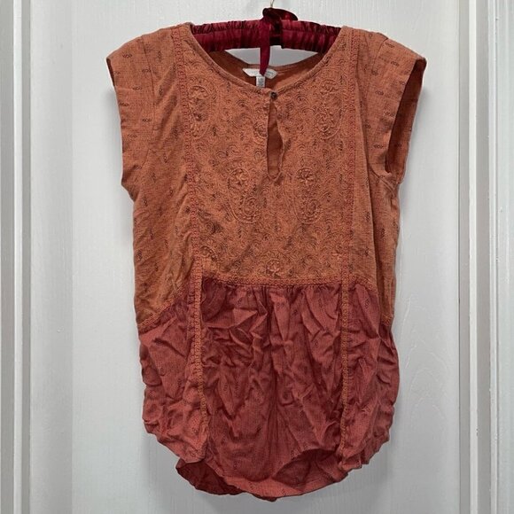 Lucky Brand Blouse Boho Peasant Top Cap Short Sleeve Tunic Modal Linen Aztec - Picture 3 of 6